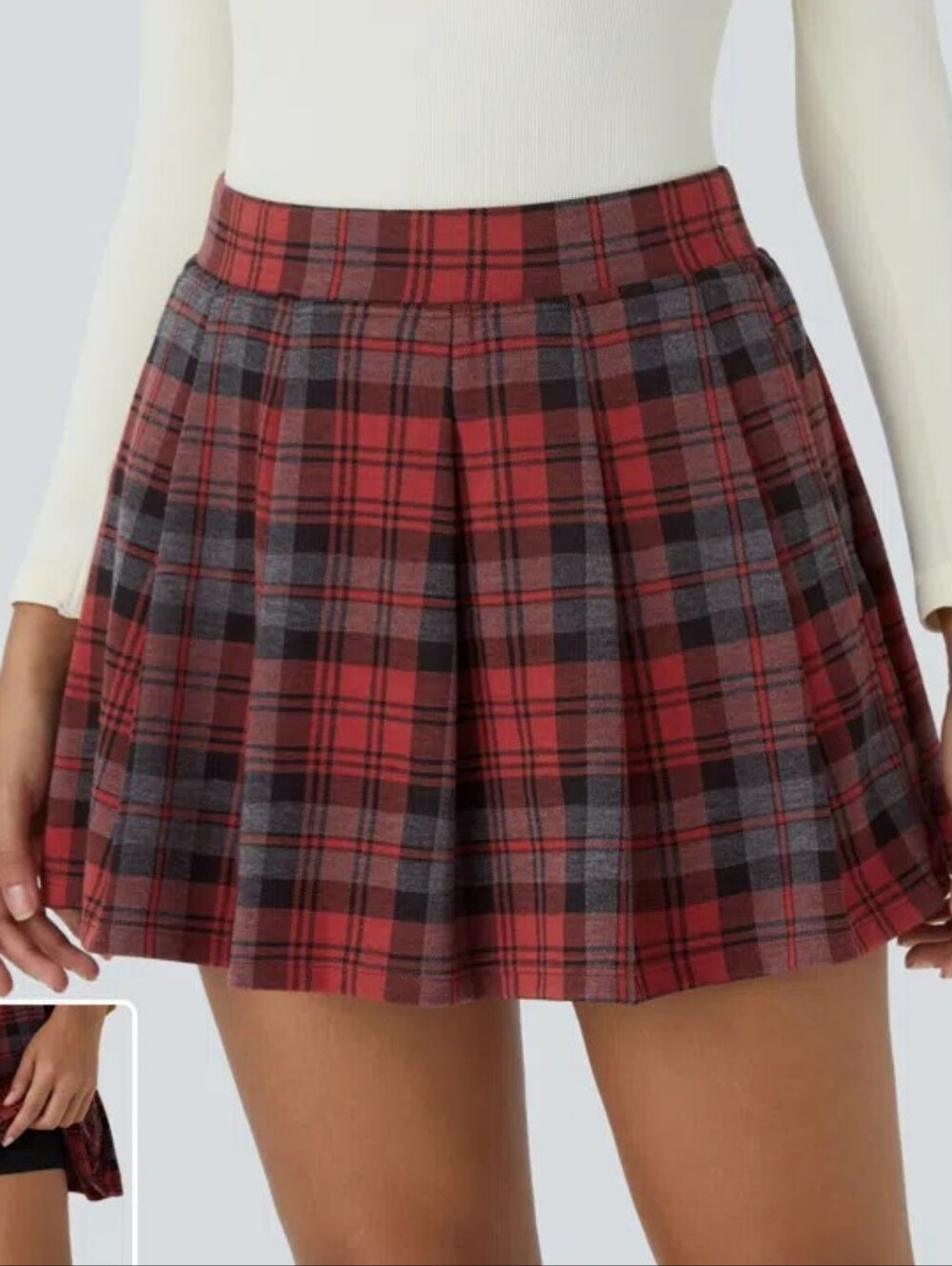 Halara High Waisted Red & Grey Plaid Pleated Mini Casual Skirt/Skort Large